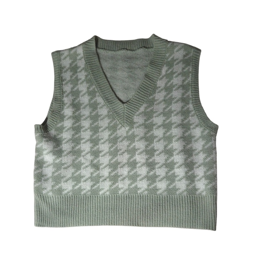 Womens Houndstooth Sweater Vest Sage Green Sleeveless Knit Top, Medium